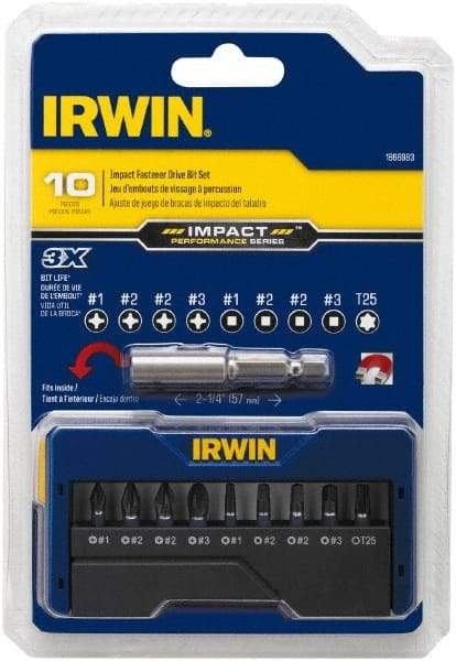 Irwin - 10 Piece, Phillips, Square, Torx Handle, Insert Bit Set - #1 to #3 - USA Tool & Supply