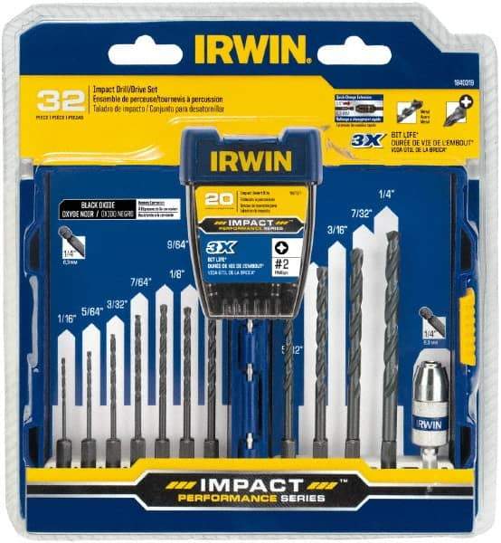 Irwin - 32 Piece, Phillips Handle, Drill & Drive Set - 1/16 to 1/4" Hex - USA Tool & Supply