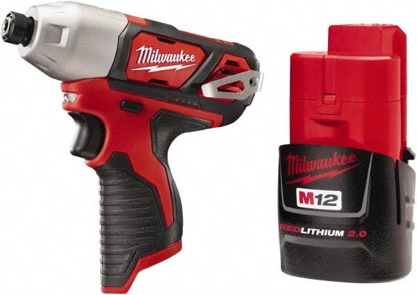 Milwaukee Tool - 12 Volt, 1/4" Drive, 1,000 In/Lb Torque, Cordless Impact Driver - Pistol Grip Handle, 2500 RPM, 1 Lithium-Ion Battery Included - USA Tool & Supply