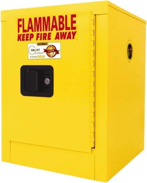 Securall Cabinets - 1 Door, 1 Shelf, Yellow Steel Standard Safety Cabinet for Flammable and Combustible Liquids - 22" High x 17" Wide x 17" Deep, Manual Closing Door, 3 Point Key Lock, 4 Gal Capacity - USA Tool & Supply