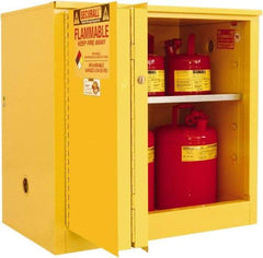 Securall Cabinets - 2 Door, 1 Shelf, Yellow Steel Standard Safety Cabinet for Flammable and Combustible Liquids - 35" High x 36" Wide x 24" Deep, Sliding Door, 3 Point Key Lock, 30 Gal Capacity - USA Tool & Supply