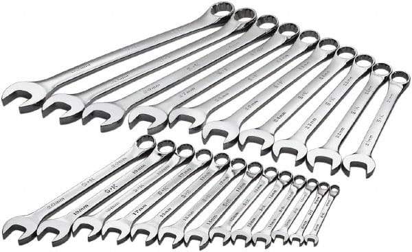 SK - 23 Piece, 8mm to 32mm, 12 Point Combination Wrench Set - Metric Measurement Standard, Chrome Finish, Comes in Rack - USA Tool & Supply