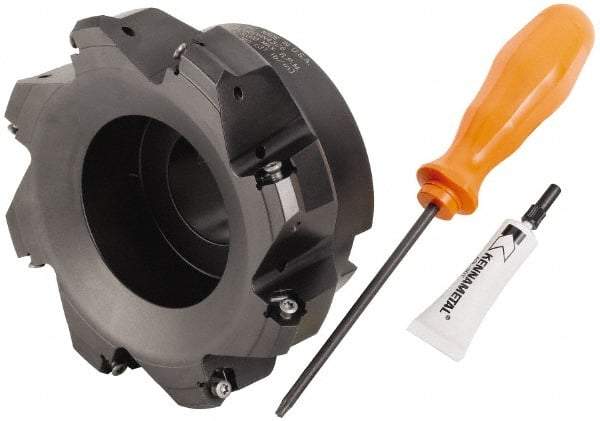 Kennametal - 5" Cut Diam, 1-1/2" Arbor Hole, 4.45mm Max Depth of Cut, 30° Indexable Chamfer & Angle Face Mill - 8 Inserts, HNGJ 0604... Insert, Right Hand Cut, 8 Flutes, Through Coolant, Series Dodeka Mini HD - USA Tool & Supply