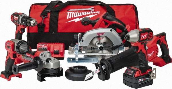 Milwaukee Tool - 18 Volt Cordless Tool Combination Kit - Includes 1/2" Hammer Drill Driver, 1/4" Impact Driver, 1-Hour Charger, Circular Saw, Contractor Bag, Cut-Off Grinder, Reciprocating Saw, Sawzall Blade & Work Light, Lithium-Ion Battery Included - USA Tool & Supply