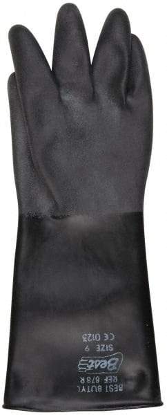 SHOWA - Size L (9), 14" Long, 25 mil Thick, Butyl Chemical Resistant Gloves - Textured Finish, Rolled Cuff, ANSI Abrasion Level 0, ANSI Cut Level 0, ANSI Puncture Level 0, Black - USA Tool & Supply