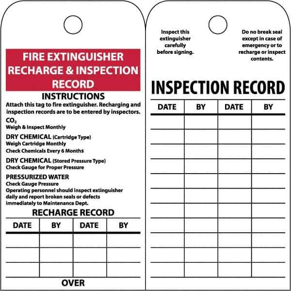 NMC - 3" High x 6" Long, FIRE EXTINGUISHER RECHARGE & INSPECTION RECORD, English Safety & Facility Inspection Tag - Tag Header: Notice, 2 Sides, White Poly - USA Tool & Supply