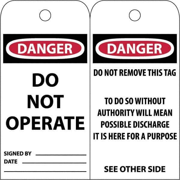 NMC - 3" High x 6" Long, DANGER \x96 DO NOT OPERATE, English Safety & Facility Accident Prevention Tag - Tag Header: Danger, 2 Sides, White Poly - USA Tool & Supply