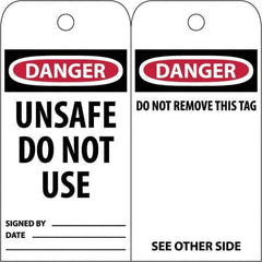 NMC - 3" High x 6" Long, DANGER \x96 UNSAFE DO NOT USE, English Safety & Facility Accident Prevention Tag - Tag Header: Danger, 2 Sides, White Poly - USA Tool & Supply