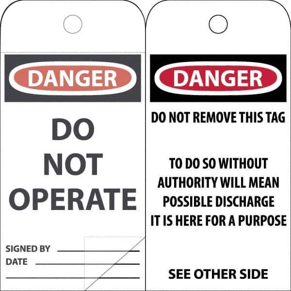 NMC - 3" High x 6" Long, DANGER \x96 DO NOT OPERATE, English Safety & Facility Accident Prevention Tag - Tag Header: Danger, 2 Sides, White Poly - USA Tool & Supply