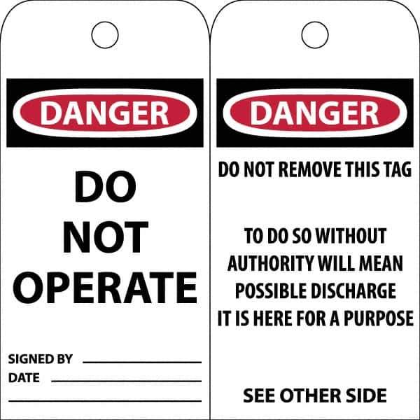 NMC - 3" High x 6" Long, DANGER \x96 DO NOT OPERATE, English Safety & Facility Accident Prevention Tag - Tag Header: Danger, 2 Sides, White Poly - USA Tool & Supply