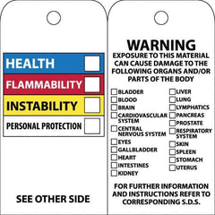 NMC - 3" High x 6" Long, HEALTH-FLAMMABILITY-INSTABILITY-PERSONAL PROTECTION, English Safety & Facility Accident Prevention Tag - Tag Header: Warning, 2 Sides, White Unrippable Vinyl - USA Tool & Supply