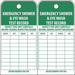 NMC - 3" High x 6" Long, EMERGENCY SHOWER & EYE WASH TEST RECORD, English Safety & Facility Accident Prevention Tag - Tag Header: Danger, 2 Sides, White Poly - USA Tool & Supply