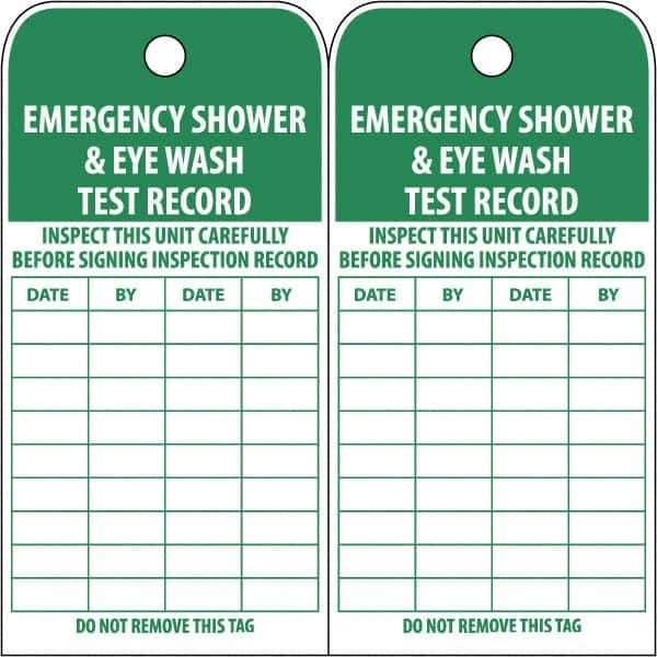 NMC - 3" High x 6" Long, EMERGENCY SHOWER & EYE WASH TEST RECORD, English Safety & Facility Accident Prevention Tag - Tag Header: Danger, 2 Sides, White Poly - USA Tool & Supply