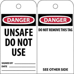 NMC - 3" High x 6" Long, DANGER \x96 UNSAFE DO NOT USE, English Safety & Facility Accident Prevention Tag - Tag Header: Danger, 2 Sides, White Poly - USA Tool & Supply