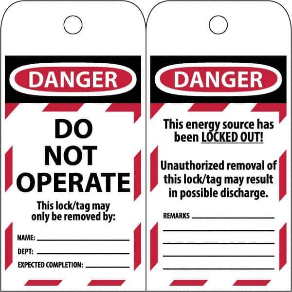 NMC - 3" High x 6" Long, DANGER \x96 DO NOT OPERATE, English Safety & Facility Lockout Tag - Tag Header: Danger, 2 Sides, Black & Red Poly - USA Tool & Supply