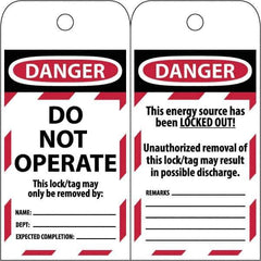 NMC - 3" High x 6" Long, DANGER \x96 DO NOT OPERATE, English Safety & Facility Lockout Tag - Tag Header: Danger, 2 Sides, Black & Red Poly - USA Tool & Supply