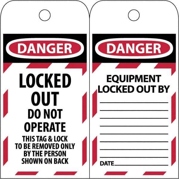 NMC - 3" High x 6" Long, LOCKED OUT - DO NOT OPERATE, English Safety & Facility Lockout Tag - Tag Header: Danger, 2 Sides, Black & Red Poly - USA Tool & Supply