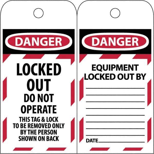 NMC - 3" High x 6" Long, LOCKED OUT - DO NOT OPERATE, English Safety & Facility Lockout Tag - Tag Header: Danger, 2 Sides, Black & Red Poly - USA Tool & Supply