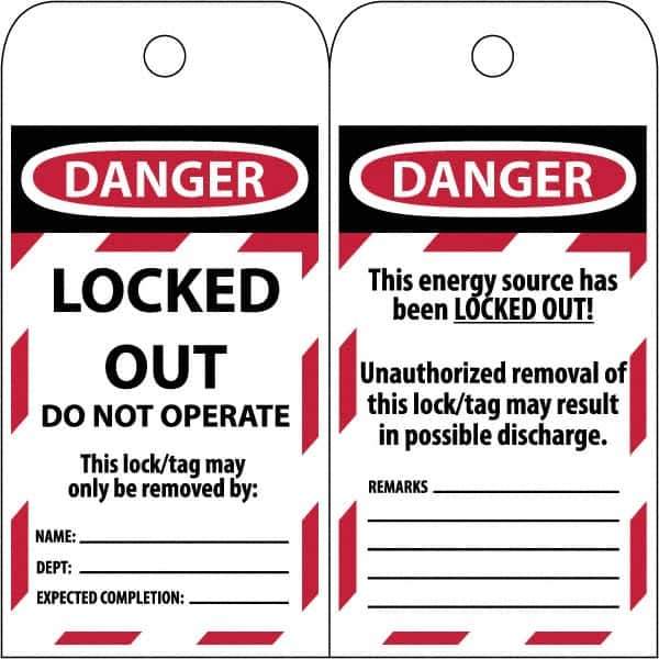 NMC - 3" High x 6" Long, LOCKED OUT - DO NOT OPERATE, English Safety & Facility Lockout Tag - Tag Header: Danger, 2 Sides, Black & Red Poly - USA Tool & Supply