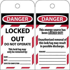 NMC - 3" High x 6" Long, LOCKED OUT - DO NOT OPERATE, English Safety & Facility Lockout Tag - Tag Header: Danger, 2 Sides, Black & Red Poly - USA Tool & Supply