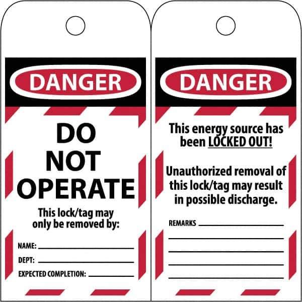 NMC - 3" High x 6" Long, LOCKED OUT - DO NOT OPERATE, English Safety & Facility Lockout Tag - Tag Header: Danger, 2 Sides, Black & Red Poly - USA Tool & Supply