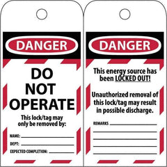 NMC - 3" High x 6" Long, LOCKED OUT - DO NOT OPERATE, English Safety & Facility Lockout Tag - Tag Header: Danger, 2 Sides, Black & Red Poly - USA Tool & Supply