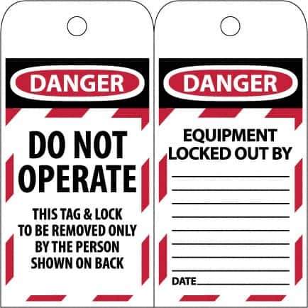 NMC - 3" High x 6" Long, DANGER - DO NOT OPERATE - EQUIPMENT LOCK-OUT - THIS TAG & LOCK TO BE REMOVED ONLY BY THE PERSON SHOWN ON BACK, English Safety & Facility Lockout Tag - Tag Header: Danger, 2 Sides, Black & Red Poly - USA Tool & Supply