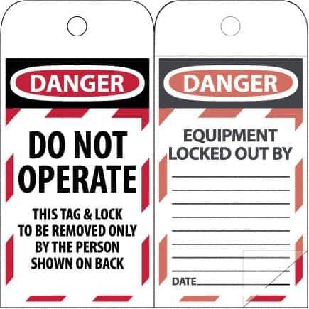 NMC - 3" High x 6" Long, DANGER - THIS TAG & LOCK TO BE REMOVED ONLY BY THE PERSON SHOWN, English Safety & Facility Lockout Tag - Tag Header: Danger, 2 Sides, Black & Red Poly - USA Tool & Supply
