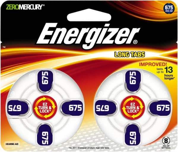 Energizer - Size 675, Zinc Air, 1 Pack, Hearing Aid Battery - 1.4 Volts, Button Tab Terminal, PR44 - USA Tool & Supply
