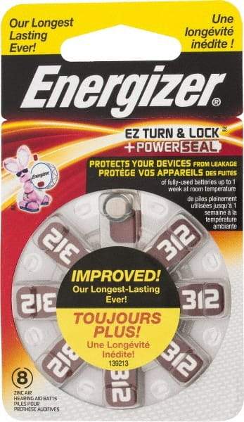 Energizer - Size 312, Zinc Air, 1 Pack, Hearing Aid Battery - 1.4 Volts, Button Tab Terminal, PR41 - USA Tool & Supply