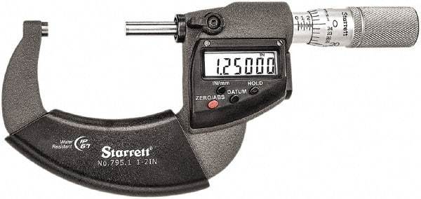Starrett - 1 to 2" Range, Standard Throat IP67 Electronic Outside Micrometer - Friction Thimble, Carbide Face, CR2032 Battery - USA Tool & Supply