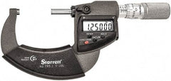 Starrett - 1 to 2" Range, Standard Throat IP67 Electronic Outside Micrometer - Friction Thimble, Carbide Face, CR2032 Battery - USA Tool & Supply