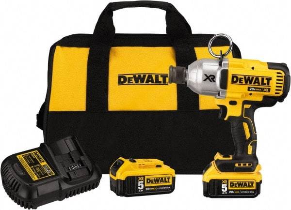 DeWALT - 7/16" Drive 20 Volt Mid-Handle Cordless Impact Wrench & Ratchet - 400/900/1,200 RPM, 0 to 2,400 BPM, 500 Ft/Lb Torque, 2 Lithium-Ion Batteries Included - USA Tool & Supply