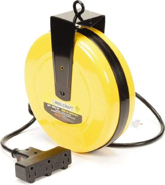 Reelcraft - 16 AWG, 30' Cable Length, Cord & Cable Reel with Outlet End - 3 Outlets, NEMA 5-15R, 10 Amps, 125 Volts, SJTW Cable, Yellow Reel, Spring Driven Reel - USA Tool & Supply