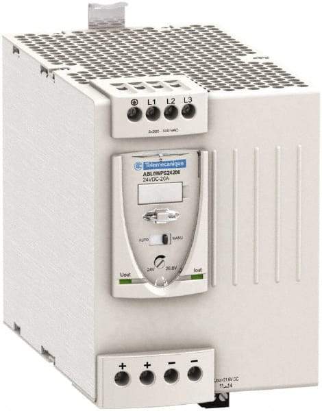 Schneider Electric - 480 Watt, 20 Amp, 380 to 500 VAC Input, 24 VDC Output, DIN Rail Power Supply - Screw Connection, 165mm Wide x 155mm Deep x 143mm High, 92-100% Efficiency, Green LED Output, Red LED Output - USA Tool & Supply