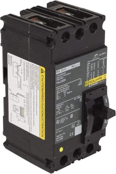 Square D - 25 Amp, 240 VAC, 2 Pole, Individually Mounted Molded Case Circuit Breaker - Thermal Magnetic Trip, 10 kA at 240 VAC Breaking Capacity, 12-4 (Aluminum), 14-4 (Copper) AWG, 4.13 Inch Deep x 6 Inch High x 3 Inch Wide - USA Tool & Supply