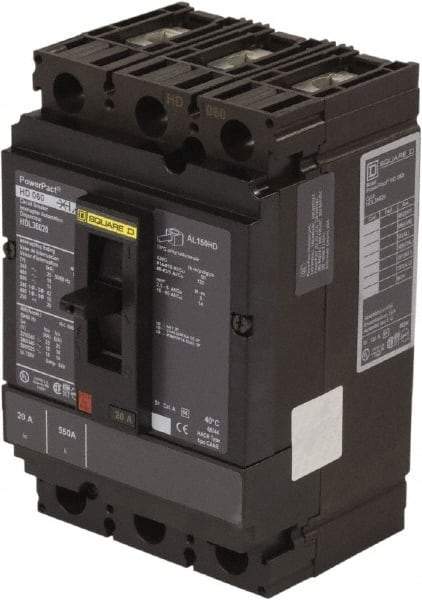Square D - 20 Amp, 250 VDC, 600 VAC, 3 Pole, Panel Mount Molded Case Circuit Breaker - Thermal Magnetic Trip, 14-3/0 AWG, 87.4mm Deep x 162.6mm High x 104.7mm Wide - USA Tool & Supply