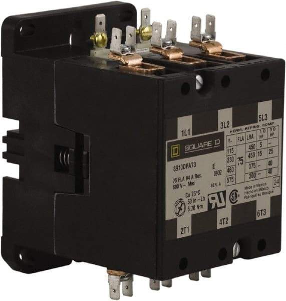 Square D - 3 Pole, 75 Amp Inductive Load, 24 Coil VAC at 50/60 Hz, Definite Purpose Contactor - Phase 1 and Phase 3 Hp:  15 at 230 VAC, 25 at 230 VAC, 40 at 460 VAC, 40 at 575 VAC, 5 at 115 VAC, 94 Amp Resistive Rating, CE, CSA, UL Listed - USA Tool & Supply
