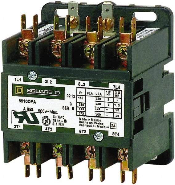 Square D - 4 Pole, 30 Amp Inductive Load, Definite Purpose Contactor - 40 Amp Resistive Rating - USA Tool & Supply