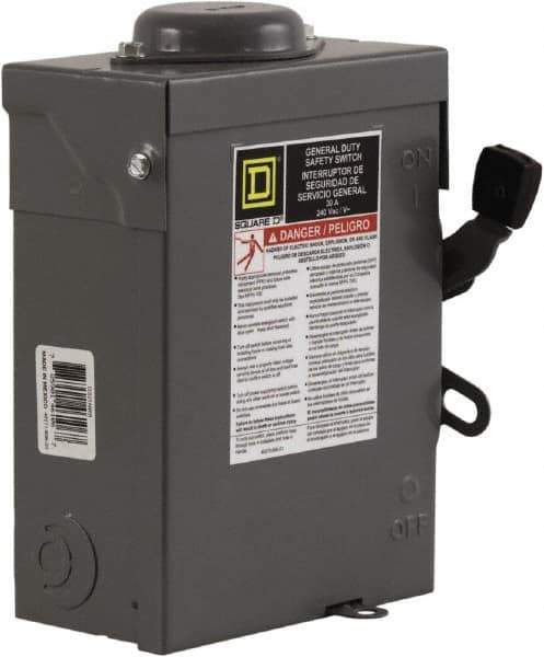 Square D - 30 Amp, 240 V, 3 Pole Fused Safety Switch - NEMA 3R, 3 hp at 240 VAC (Single Phase), 7.5 hp at 240 VAC (Triple Phase), 3PST Contact Form - USA Tool & Supply