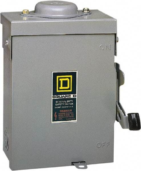 Square D - 30 Amp, 240 V, 2 Pole Fused Safety Switch - NEMA 3R, 3 hp at 240 VAC (Single Phase), 7.5 hp at 240 VAC (Triple Phase), DPST Contact Form - USA Tool & Supply