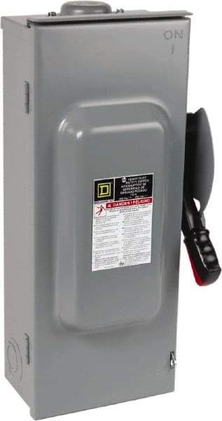 Square D - 100 Amp, 600 VAC/VDC, 3 Pole Fused Safety Switch - NEMA 3R, 30 hp at 480 VAC (Single Phase), 75 hp at 600 VAC, 50 hp at 600 VDC (Triple Phase), 3PST Contact Form - USA Tool & Supply