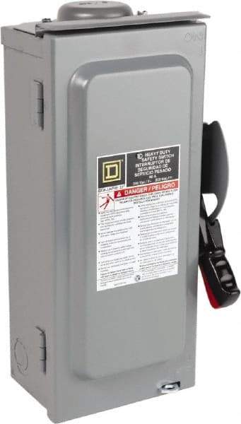 Square D - 60 Amp, 240 VAC, 250 VDC, 3 Pole Fused Safety Switch - NEMA 3R, 10 hp at 240 VAC, 10 hp at 250 VDC (Single Phase), 15 hp at 240 VAC, 10 hp at 250 VDC (Triple Phase), 3PST Contact Form - USA Tool & Supply