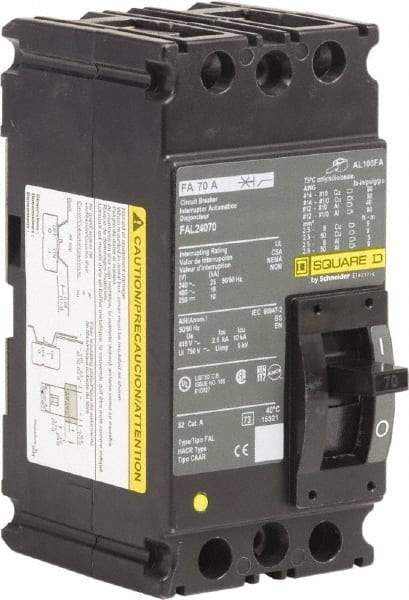 Square D - 70 Amp, 250 VDC, 480 VAC, 2 Pole, Panel Mount Molded Case Circuit Breaker - Thermal Magnetic Trip, 18 kA at 480/600 VAC Breaking Capacity, 12-1/0 (Aluminum), 14-1/0 (Copper) AWG, 4.13 Inch Deep x 6 Inch High x 3 Inch Long - USA Tool & Supply