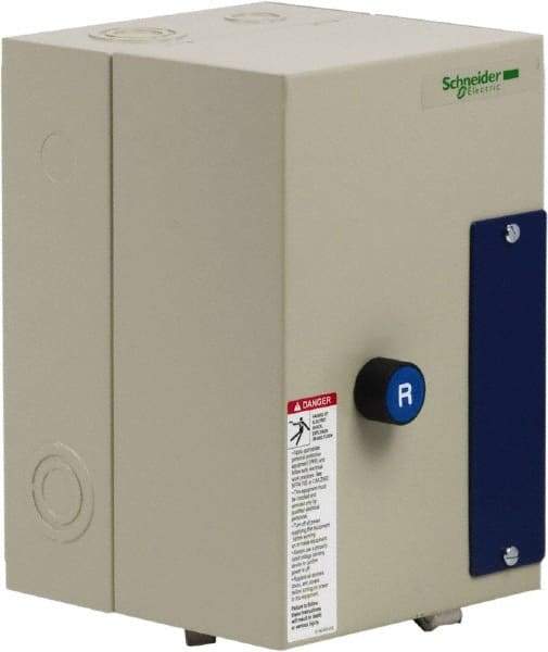 Schneider Electric - 3 Pole, 32 Amp, 120 Coil VAC, Nonreversible Enclosed IEC Motor Starter - 1 Phase Hp: 2 at 120 VAC, 5 at 240 VAC, 3 Phase Hp: 10 at 208 VAC, 10 at 230 VAC, 20 at 460 VAC, 25 at 575 VAC - USA Tool & Supply