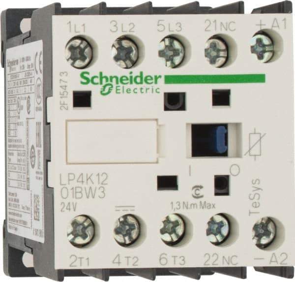 Schneider Electric - 3 Pole, 24 Coil VDC, 12 Amp at 440 VAC, 16 Amp at 690 VAC and 20 Amp at 440 VAC, Nonreversible IEC Contactor - BS 5424, CSA, IEC 60947, NF C 63-110, RoHS Compliant, UL Listed, VDE 0660 - USA Tool & Supply