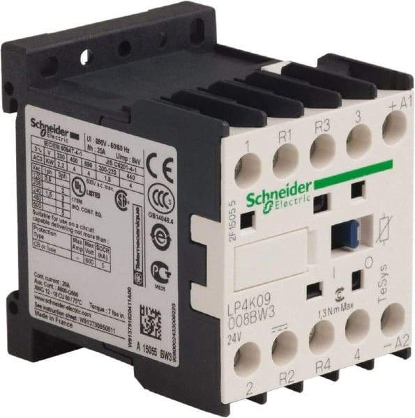 Schneider Electric - 4 Pole, 24 Coil VDC, 16 Amp at 690 VAC and 20 Amp at 440 VAC, Nonreversible IEC Contactor - BS 5424, CSA, IEC 60947, NF C 63-110, RoHS Compliant, UL Listed, VDE 0660 - USA Tool & Supply