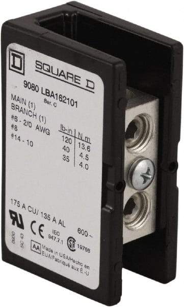 Square D - 3 Poles, 135 (Aluminium), 175 (Copper) Amp, Phenolic Power Distribution Block - 600 VAC, 1 Primary Connection - USA Tool & Supply