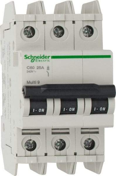 Schneider Electric - 25 Amp, 125 VDC, 240 VAC, 60 VDC, 3 Pole, DIN Rail Mount, Fixed Mount Miniature Circuit Breaker - Thermal Magnetic Trip, Multiple Breaking Capacity Ratings, 73mm Deep x 107mm High x 54mm Wide - USA Tool & Supply