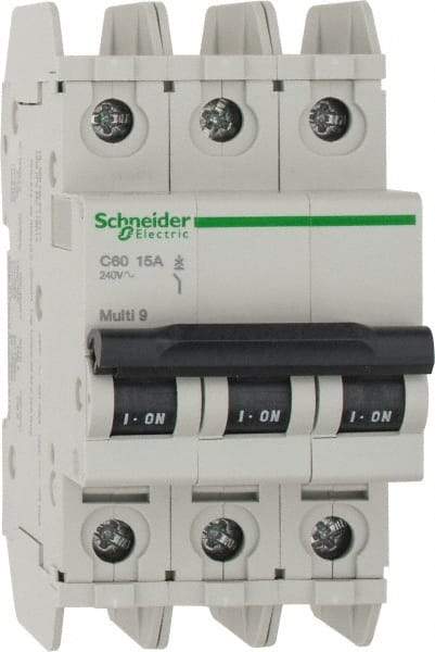 Schneider Electric - 15 Amp, 125 VDC, 240 VAC, 60 VDC, 3 Pole, DIN Rail Mount, Fixed Mount Miniature Circuit Breaker - Thermal Magnetic Trip, Multiple Breaking Capacity Ratings, 73mm Deep x 107mm High x 54mm Wide - USA Tool & Supply